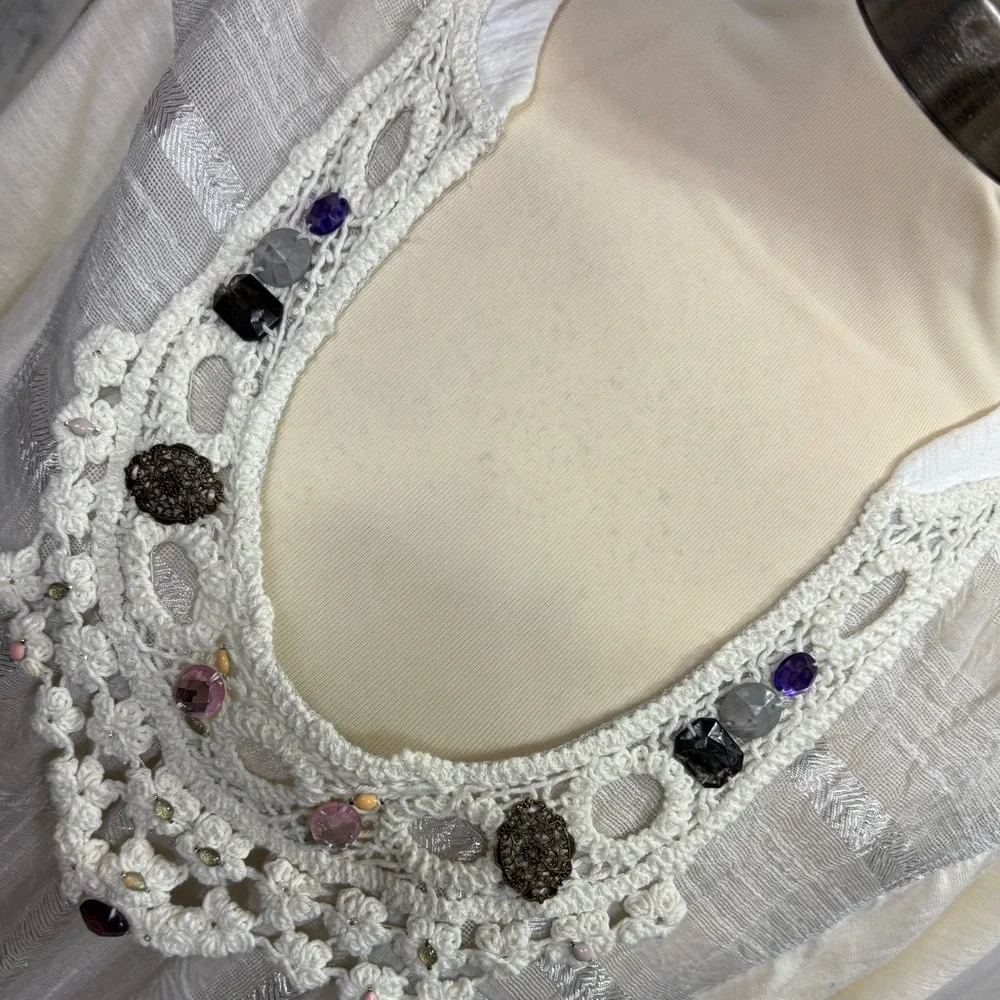 Free People Shadow Striped‎ Beaded Crochet Neck Boho Top